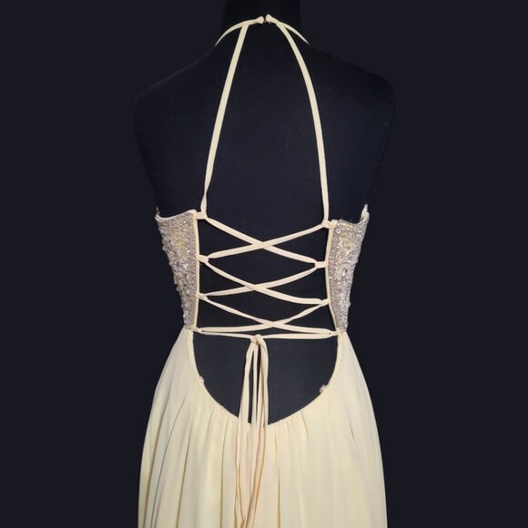 Faviana Pastel Yellow Halter Beaded A-line Lace-Up Chiffon Dress New with Tags - Picture 9 of 10